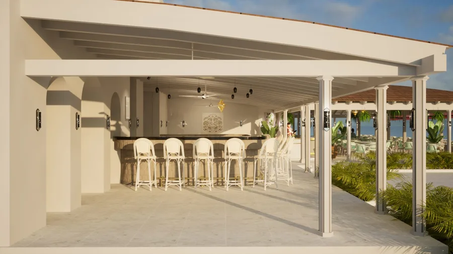 Photorealistic render of an open-air poolside bar at Hotel Cobblers Cove, with wicker stools and a pergola roof overlooking the resort grounds.